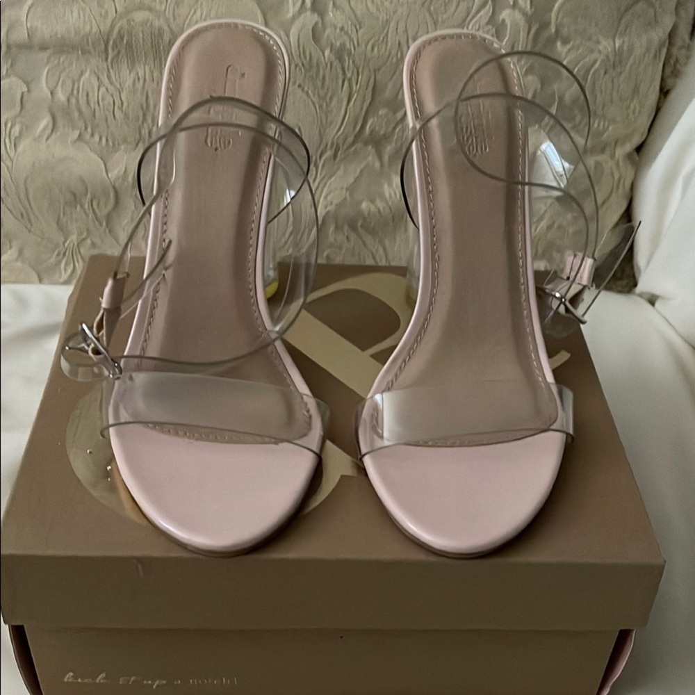 Charlotte Russe Nude and Clear Heels with Ankle Wrap Around Design.